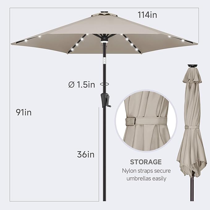 FLAME&SHADE 10ft Solar Outdoor Umbrella - 24 LED Lighted Patio Umbrella with Centre Surround Light, Table Umbrellas with Tilt & Crank for Pool, Porch, Garden, Deck, Backyard UV Protection (Taupe)