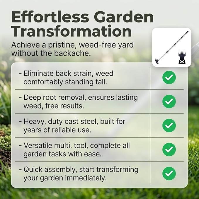 Premium 45.67" Standing Hand Weeder: Long Handle Hoe with Non-Slip Rubber Grip. Portable Root Puller for Yard, Lawn & Patio. Multi-Functional Soil Tiller & Digging Tool for Back-Saving Gardening.