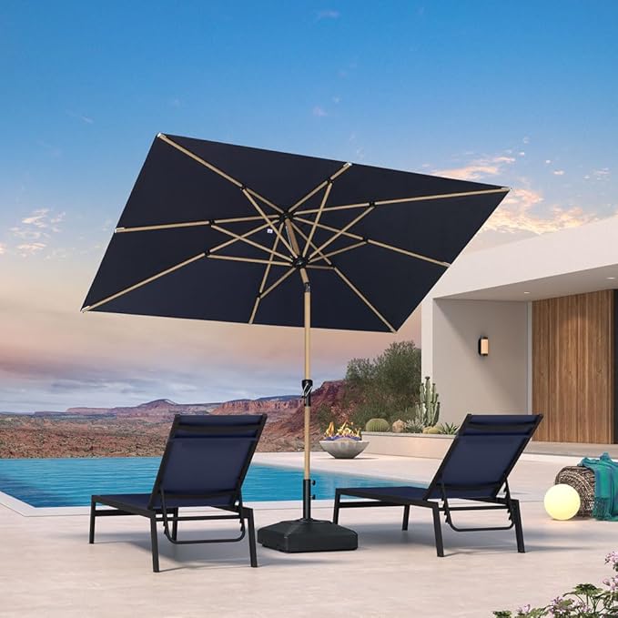 PURPLE LEAF 6' x 9' Patio Umbrella with Base Market Umbrella Rectangular Outdoor Umbrella with Push Button Tilt & Crank and 8 Ribs Aluminum Table Umbrella for Pool Backyard Beach, Navy Blue