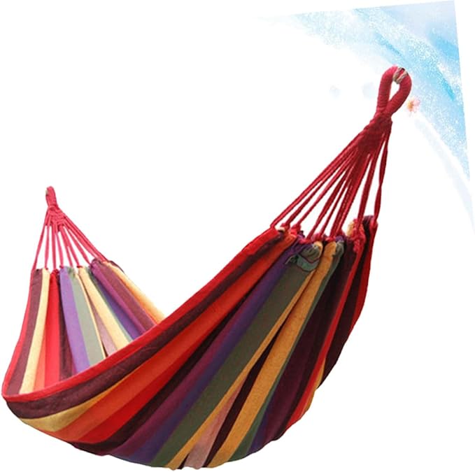Yardwe Portable Canvas Camping Hammock Outdoor Striped Hanging Chair 190x85cm Rainbow Color for Patio Backyard Garden Swing Use
