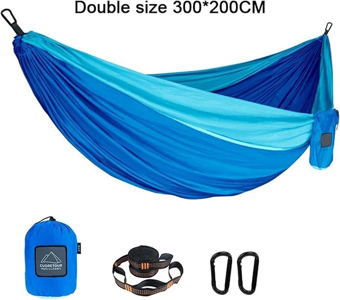 Portable Nylon Parachute Fabric Single and Double Size Outdoor Camping Hiking Garden Hammock(Double Blue 2)