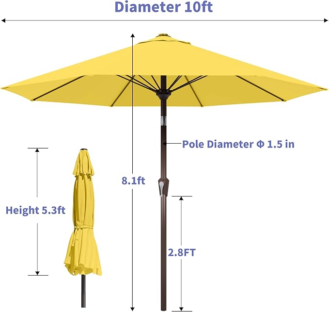 Kingdura 10FT Outdoor Patio Umbrella, Market Table Umbrella with Push Button Tilt and Crank, 8 Sturdy Fiberglass Ribs, UV Protection for Pool, Lawn, Deck, Backyard, Garden (Yellow)