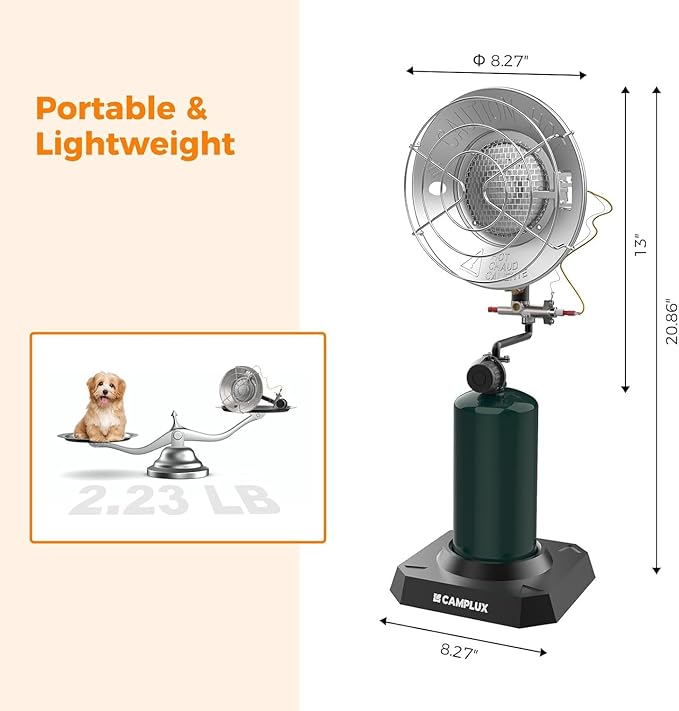 CAMPLUX Portable Outdoor 1lb Propane Heater, 15,000 BTU Outdoor Infrared Heater for Patio, Camping, Hunting, Garage