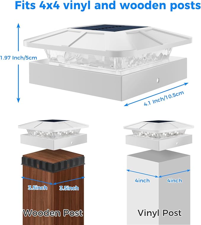 4x4 Solar Post Cap Lights Outdoor with 3 Modes, 8 Packs White Fence Light Solar Powered Waterproof, Wood/Vinyl Post Caps for Deck Yard Garden Patio Porch Outside