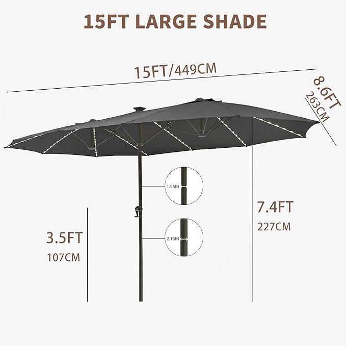 15FT Large Double Sided Patio Umbrella, Fade Resistant Outdoor Umbrellas with Fiberglass Ribs, Solar Panel, LED Lights & USB Charging, Rectangular Market Umbrella with Aluminum Crank for Poolside, Deck, Patio, BBQ, Garden, Dark Gray