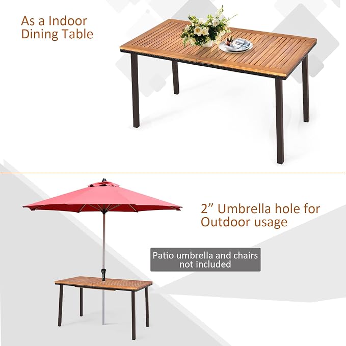 Tangkula 55 Inches Acacia Wood Patio Dining Table for 6, Rectangle Outdoor Dining Table with Metal Frame and Umbrella Hole, 6-Person Outside Table for Patio, Garden, Yard