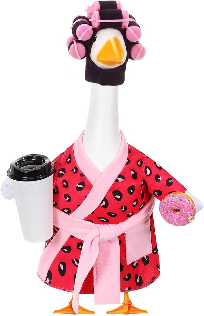 Shyyween Lady Porch Goose Outfit for 23'' Cement Plastic Lawn Goose Statue Clothes Pink Leopard Bathrobe Coffee Cup Curlers for Outdoor Garden Yard Patio Decoration