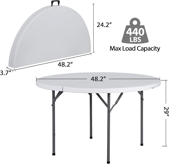 JupiterForce 4 FT Round Folding Table, 48" Indoor Outdoor Portable Plastic Dining Card Table for Kitchen, Commercial, Camping Picnic Party Wedding Event, White