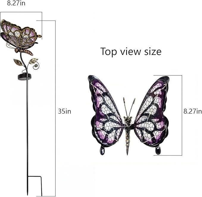 Decorative Outdoor Solar Butterfly Lights,Warm LED Handcrafted Pink Glass Stakes, 35 Inch Tall, Auto On-Off for Up to 8 Hours Glow, Waterproof Yard Patio Ornaments
