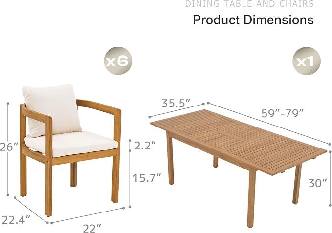 SUNSITT 7-Piece Outdoor Patio Dining Set, 59" - 79" Acacia Wood Expandable Outdoor Table Set and 6 Curved Patio Arm Chairs w/Removable Cushions for Backyard, Porch, Deck