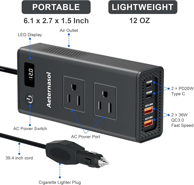 200W Portable 12V to 110v Car Charger Power Inverters for Vehicles | 36W USB-A, Fast Charging USB-C, Dual AC Outlets, Cigarette Lighter Adapter for Laptop/Camping/Road trip essentials