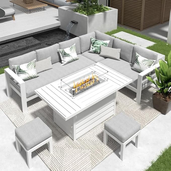Solaste Aluminum Patio Furniture Set with Fire Pit Table, 6 Piece Sectional Metal Outdoor Furniture with Ottoman, Modern Patio Conversation Set Water-Resistant Cushion for Balcony, Front Porch, White