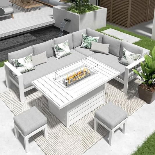 Solaste Aluminum Patio Furniture Set with Fire Pit Table, 6 Piece Sectional Metal Outdoor Furniture with Ottoman, Modern Patio Conversation Set Water-Resistant Cushion for Balcony, Front Porch, White