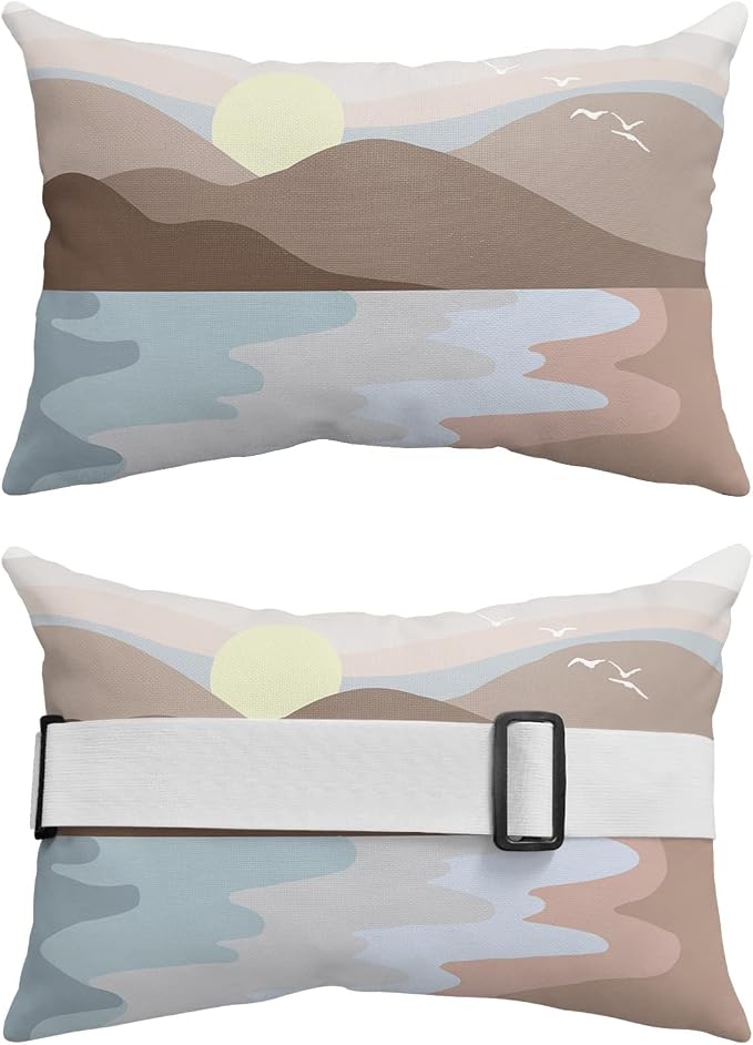 Outdoor Pillows Covers with Inserts Sunrise Mountain Beautiful Seaside Abstract Painting Waterproof Pillow with Adjustable Strap Throw Pillows for Patio Furniture Recliner Lounge Chair, 11"x16", 1PCS