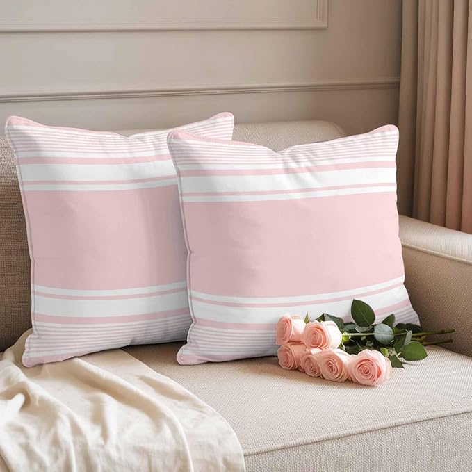 Outdoor Waterproof Throw Pillow Covers, Pink Striped Decorative Pillow Cases, Modern Color Block Farmhouse Stripes Couch Pillow Protector Patio Sofa Cushion Covers Replacement 26"x26" 2 Pack