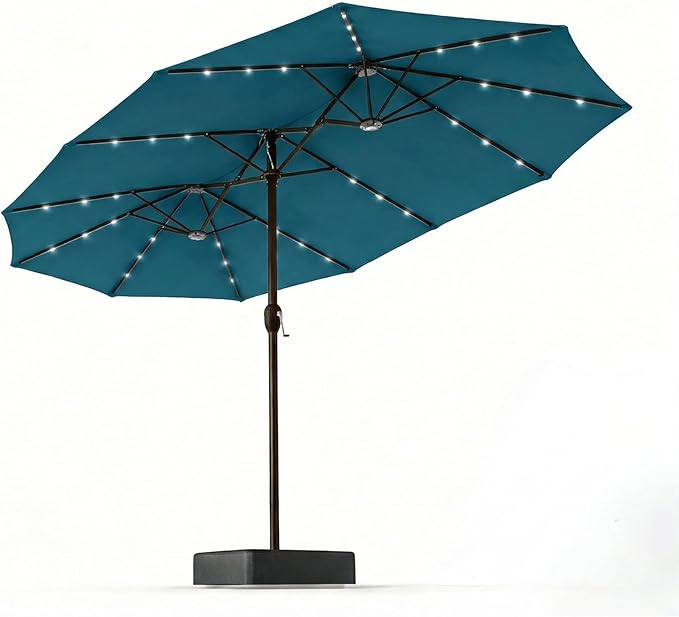 15FT Patio Umbrella with Solar Lights, Double-Sided Extra Large Outdoor Table Umbrella with Base Included, Heavy-Duty 12 Iron Ribs Market Umbrella for Garden, Pool, Backyard, Lake Blue