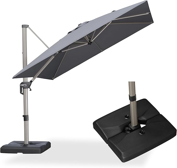 PURPLE LEAF 9FT Patio Umbrella with Base Champagne Square Cantilever Offset Outdoor Umbrella with 360 Rotation for Garden Pool, Light Grey