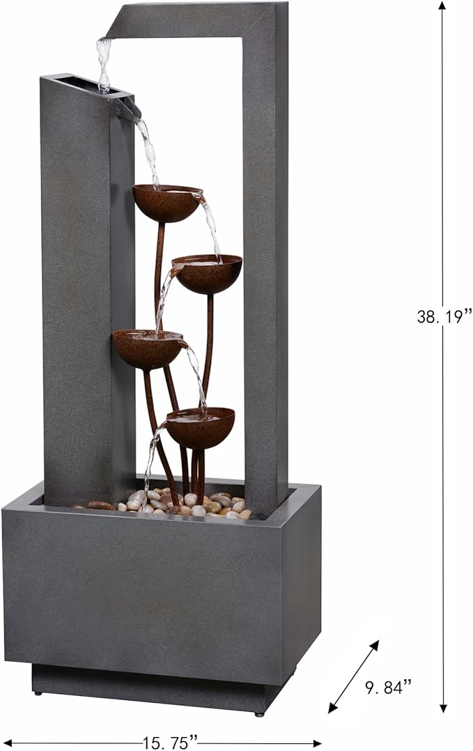 Steel Cups Fountain with Pump and River Stones - Outdoor