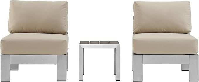 Modway Shore 3-Piece Aluminum Outdoor Patio Furniture Set in Silver Beige