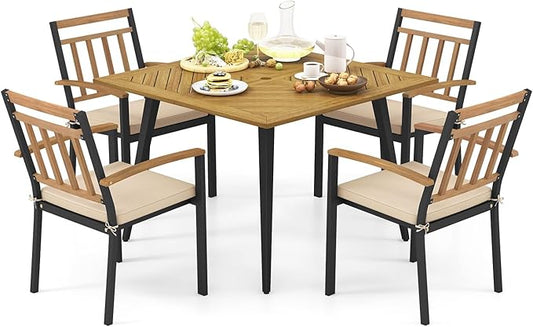 Tangkula 5 Pieces Patio Dining Set, Outdoor Dining Table and Chairs with Cushions, 42.5” Square Acacia Wood Dining Table with 1.9” Umbrella Hole, Outdoor Furniture Set for Backyard, Garden, Poolside