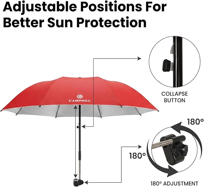 2 Pack Beach Umbrella with Clamp Sun Shade,Adjustable Umbrellas with Clip,UPF50+ Sunshade for Beach Chair,Stroller,Fishing,Camping,Patio,Wheelchair,Golf Carts,Red