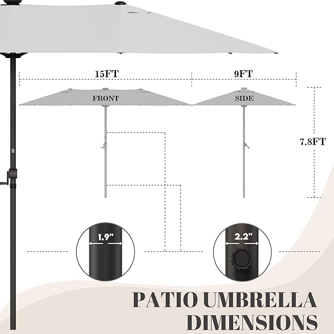 GDPFN 15ft Rectangular Patio Umbrella with Solar LED Lights, Double-Sided Outdoor Market Umbrella Extra Large Shade for Pool, Deck, Backyard, Garden, Light Gray (Base Not Include)