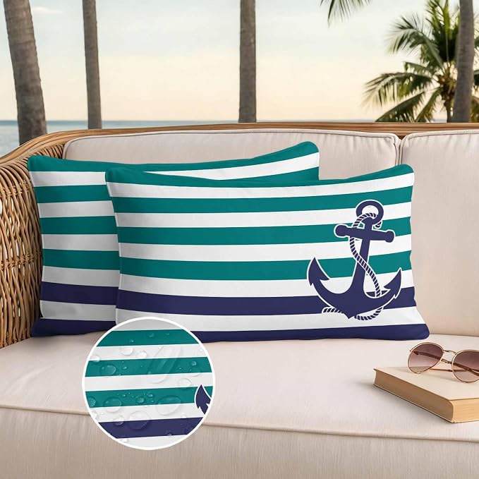 Lumbar Pillow Covers 20x12 Inch Set of 2, Anchor Teal Waterproof Outdoor Cushion Covers, Modern Navy Blue White Striped Nautical Decorative Pillowcases for Couch, Sofa, Bed, Garden, Patio