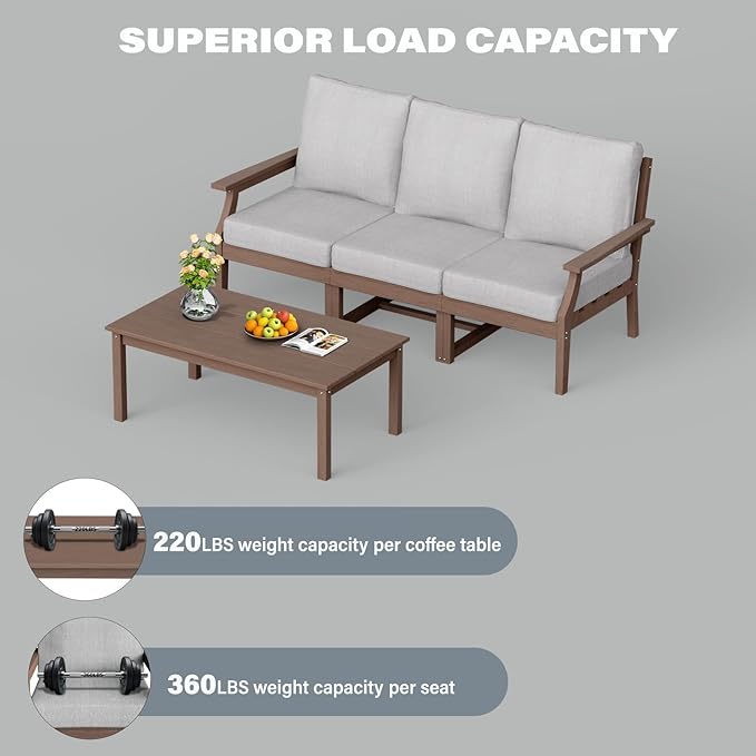 HDPE Patio Conversation Set, 4-Piece All Weather Outdoor Furniture Set with 3-Seater Modular Sofa for Deck, Lawn, with Cushion, Brown