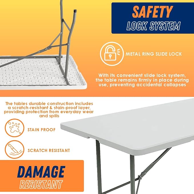 Folding Table Indoor Outdoor Heavy Duty Portable Folding Plastic Dining Table w/Handle, Lock for Picnic, Party, Camping - White (4ft, 6ft, 8ft) (6ft)