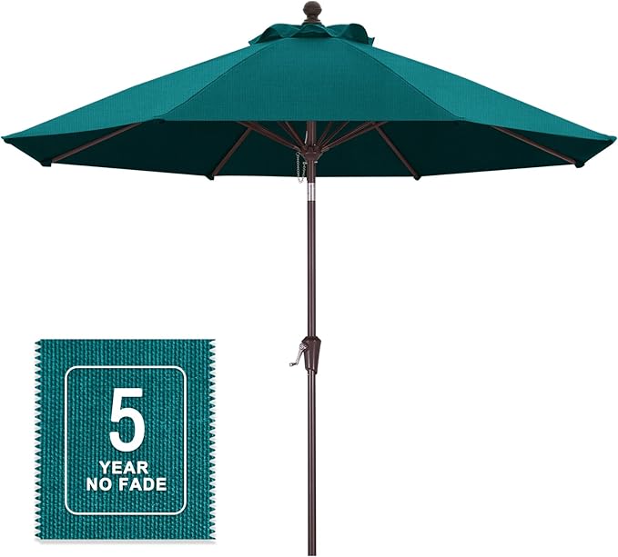 MASTERCANOPY Olefin 5-Year-Non-Fading 9ft Patio Umbrella with Tilt and Crank, Large UV Resistant Outdoor Table Umbrella with 8 Fiberglass Ribs for Deck, Yard & Market, Turquoise