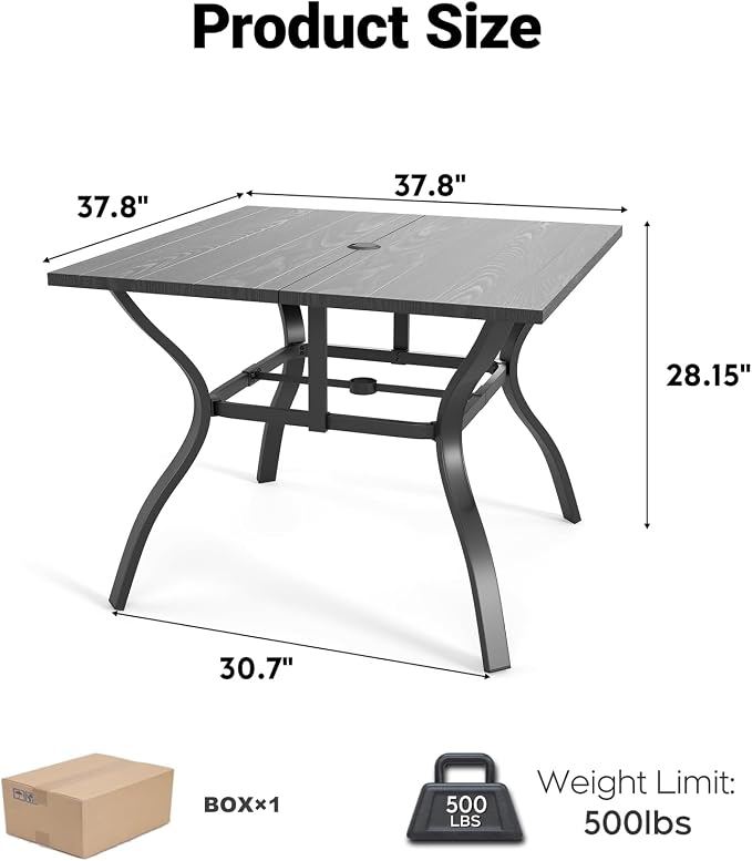 5 Piece Patio Dining Set, Stackable Outdoor Chairs Set of 4 with Textilene Fabric, 37.8" Wood-Grain Square Table with Umbrella Hole for Backyard Lawn Party (1 Table + 4 Chairs) (Sky Blue)