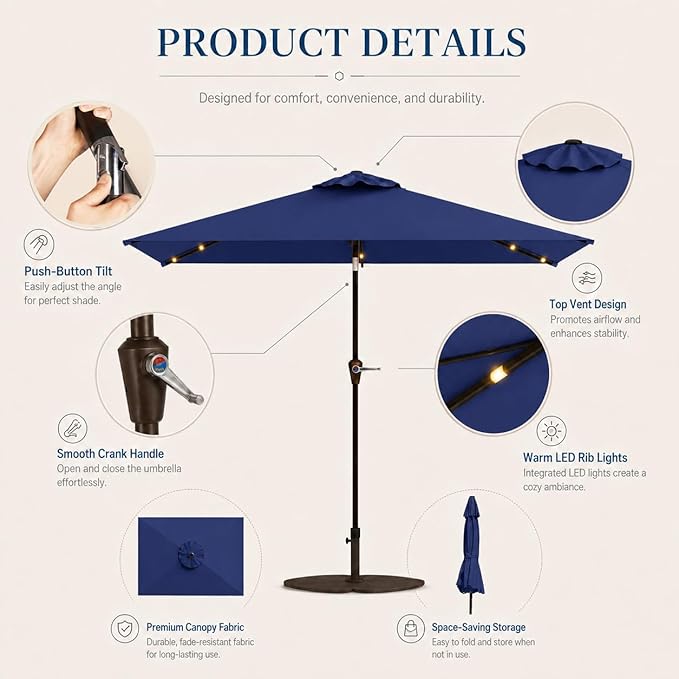 6.5 x 10ft Rectangular Patio Umbrella with Solar Lights, 16 LED Lighted Market Umbrella with Push-Button Tilt and Crank, 6 Sturdy Iron Ribs for Garden, Deck, Pool, Navy Blue