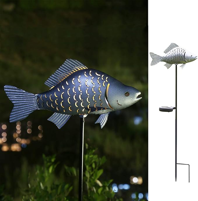 KAIXOXIN Solar Garden Lights Metal Fish Decorative Stake for Outdoor Patio Yard Decorations,Warm White LED Solar Path Lights (Silver-1)