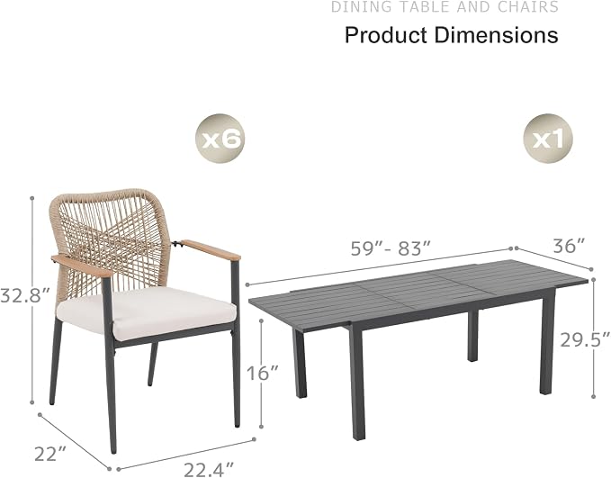SUNSITT 7 Piece Outdoor Patio Dining Set, 59" - 83" Aluminum Expandable Outdoor Dining Table and 6 Woven Wicker Patio Chairs w/WPC Armrests for Garden, Dark Grey