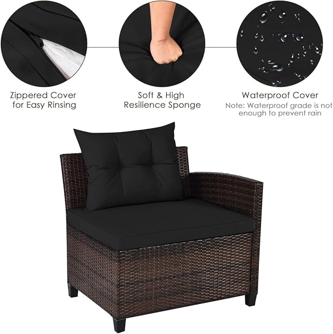 HAPPYGRILL 4 Pieces Outdoor Patio Furniture Set Wicker Sectional Sofa L-Shape with Round Tempered Glass Top Table & Cushions Modern Conversation Set Curved Sofa Set for Garden Poolside Balcony