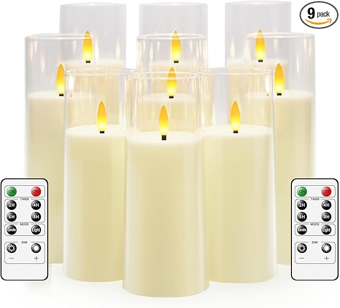 kakoya Flickering Flameless Candles Battery Operated with Remote and 2/4/6/8 H Timer Plexiglass Led Pillar Candles Pack of 9(D2.3 xH5.5 6.5" 7.5") with Realistic 3D Wick Candles for Home Decor(Ivory)