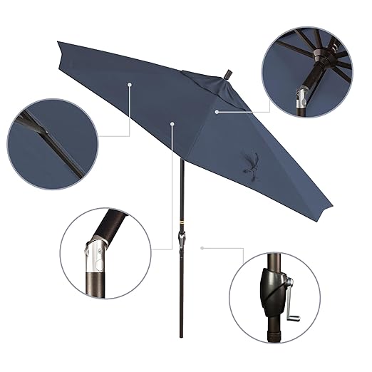California Umbrella 9' Round Aluminum Patio Umbrella, Crank Lift, Push Button Tilt, Bronze Pole, Outdoor Rated Acrylic fabric, Sapphire