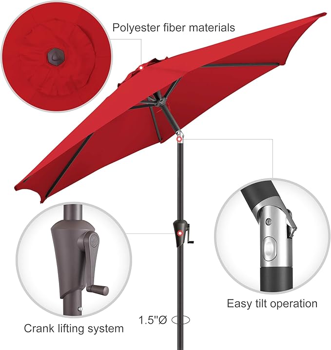 10FT Patio Umbrella Outdoor - Table Umbrella with 6 Sturdy Ribs, Market Umbrella with Push Button Tilt, UV Protection for Pool, Porch, Garden, Deck, Backyard (Red)