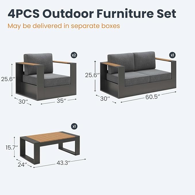 Aluminum Patio Furniture Set, 4 Seats Luxury Seating Furniture with Coffee Table, All Weather Outdoor Conversation Sets with 6" Thickened Cushions