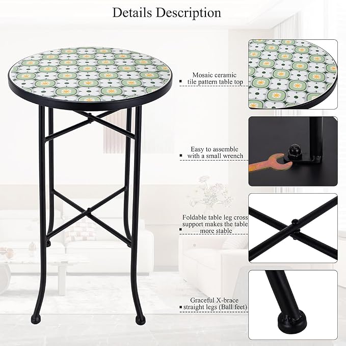 14 Inch Mosaic Patio Side Table with X-Straight Legs, Indoor Outdoor Accent Round End Table with Ceramic Tile Tops for Yard, Garden, Living Room, Bistro, A - Granny Square