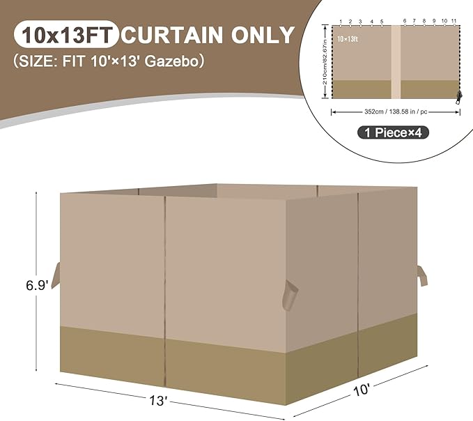 Aoodor 10x13 ft Outdoor Gazebo Curtains, 4 Panels Waterproof Privacy Sidewall Replacement with Zipper for Patio Pergola and Canopy, Sand Yellow and Khaki