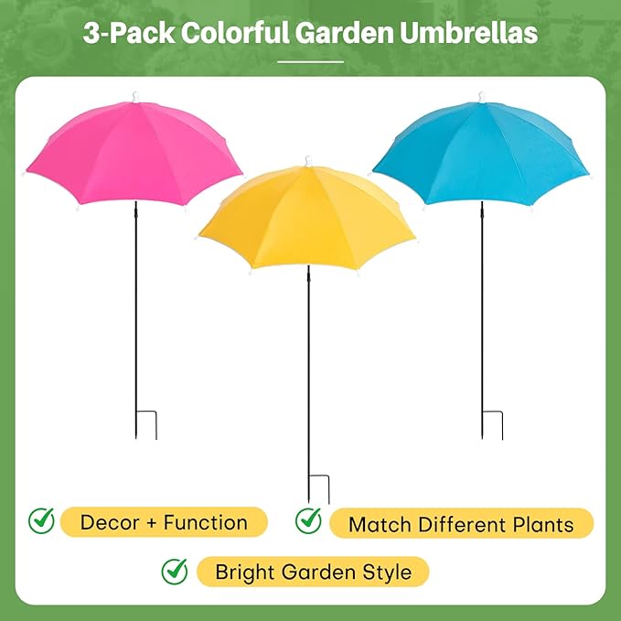 Sturdy Plant Shade Umbrella to Protect Plants from Harsh Sun, 3 Pack Adjustable Height Sun Protection for Potted Plants, More Stable Support Design, Rust-Resistant Colorful Garden Umbrella, 23.6"