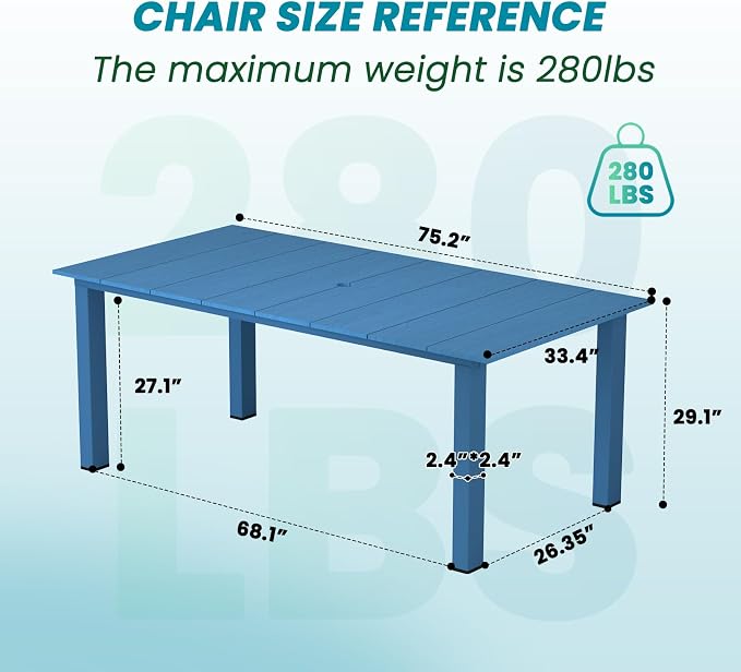LOUNZY 75.2" HDPE Rectangle Outdoor Dining Table for 8, Oversized Patio Dining Table w/ 2" Umbrella Hole,Navy