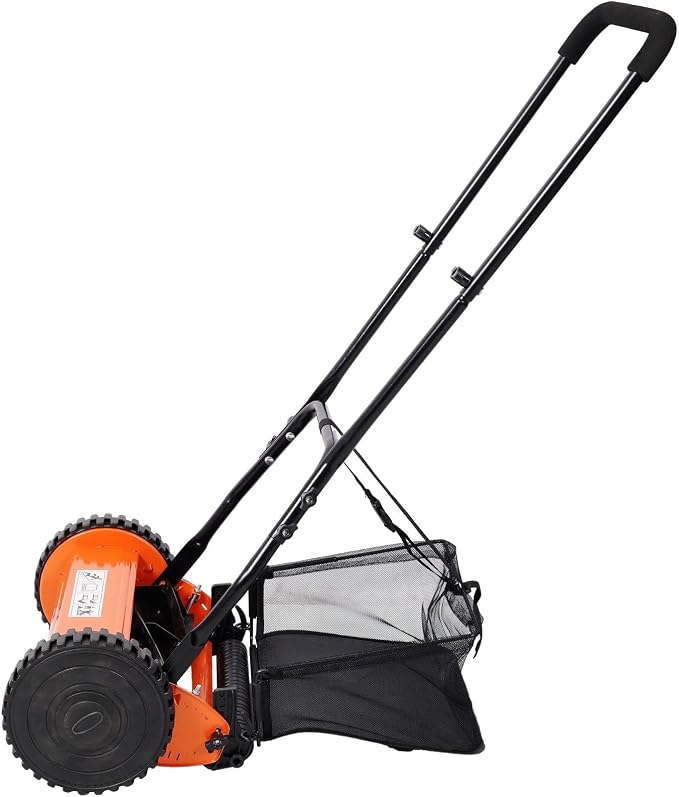 14-Inch 5-Blade Push Reel Lawn Mower with Grass Catcher, Adjustable Height 0.6-1.8 Inch, Manual Hand Push Mower with Heat-Treated Alloy Steel Blades, Gas-Free Grass Cutter, Orange