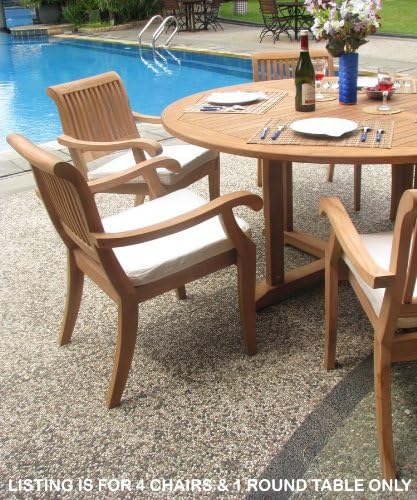 New 5 Pc Luxurious Grade-A Teak Dining Set - 60" Round Table and 4 Stacking Arbor Arm Chairs #WHDSAB6