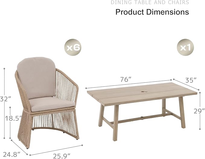 SUNSITT 7 Piece Outdoor Patio Dining Set, Patio Dining Furniture Set with 76” Aluminum Dining Table w/Umbrella Hole and 6 Woven Wicker Outdoor Patio Chairs w/Curved Armrest for Garden, Beige