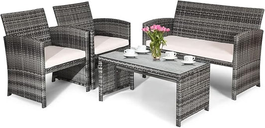 HAPPYGRILL 4 Piece Patio Conversation Set with Soft Cushions Rattan Furniture Set with PE Wicker Coffee Table & Sofa Chairs for Garden Poolside Porch Backyard
