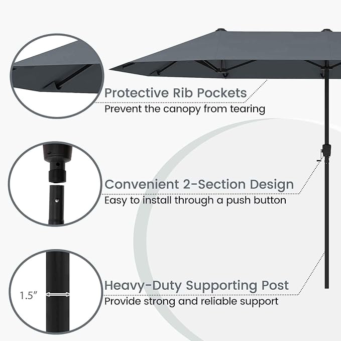 Tangkula 13 FT Large Patio Umbrella, Outdoor Double-Sided Table Market Umbrella w/Crank Handle, 12 Heavy-Duty Ribs, Sun-Protective Rectangular Twin Parasol for Garden Deck Lawn Poolside (Gray)