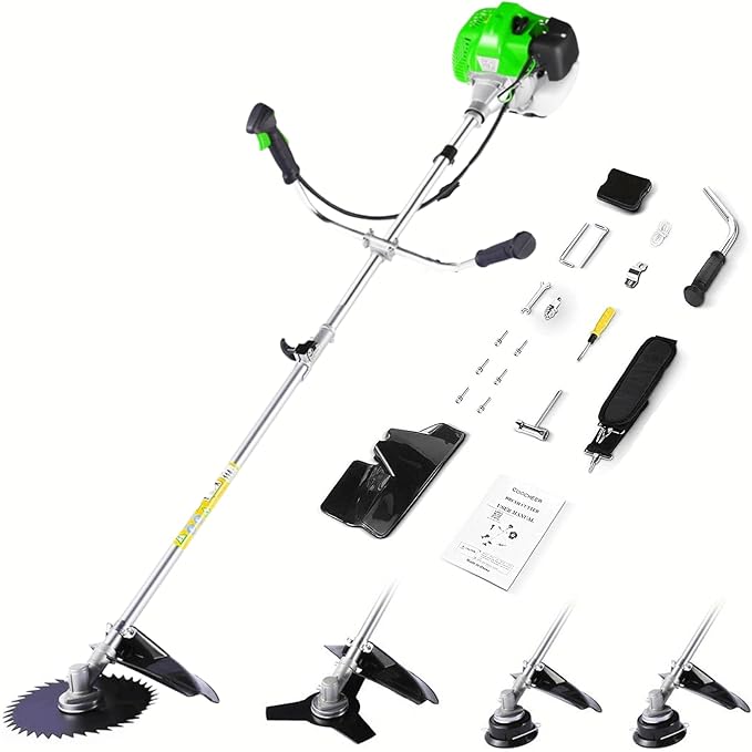 COOCHEER Brush Cutter Gas Powered 58cc, 4 in 1 Weed Wacker Gas Powered, 2 Cycle Straight Shaft String Trimmer Grass Cutter Machine for Lawn and Garden Care Trimming, Green