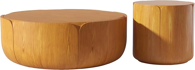 Round Outdoor Indoor Coffee Table Set, 2PC, 35.63" Modern Wood Grain Drum Center Table Set, Sturdy MGO Waterproof, No-Assembly, for Patio, Garden, Backyard, Living Room